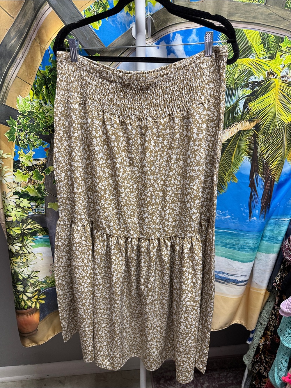Boutique Tan Brown Floral Smocked Waist Maxi Skirt